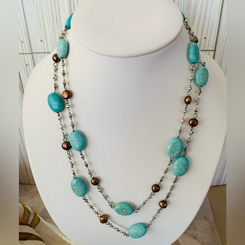 Turquoise Stone and Freshwater Pearl Beaded Necklace
